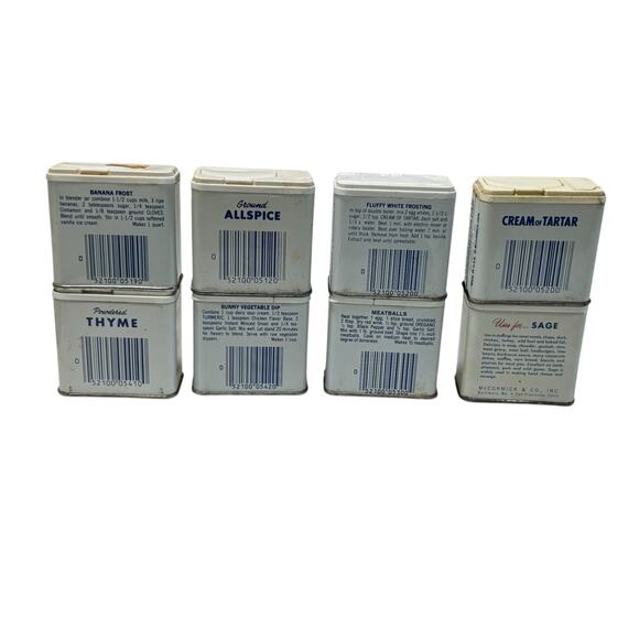 Vintage 1970s McCormick Spice Tins 8 Oregano Turmeric Cloves Allspice Thyme Sage - Picture 7 of 11
